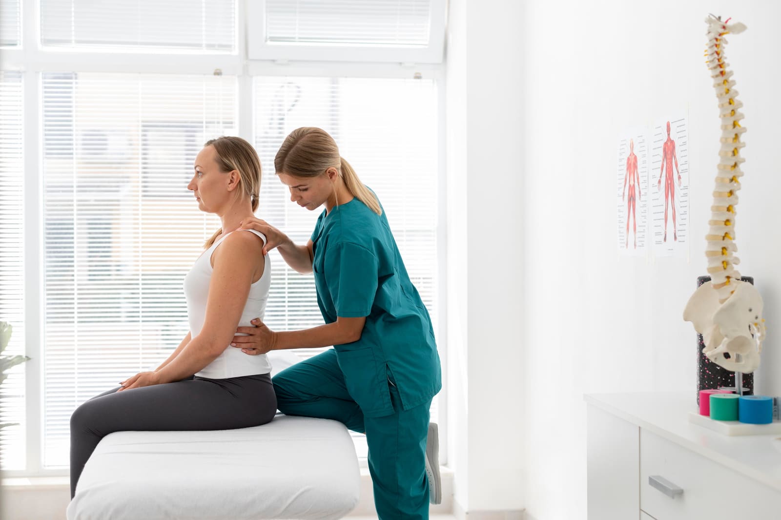 Physiotherapist assessing a seated patient's back and shoulder on a treatment table - Pulih Physio & Rehab Petaling Jaya